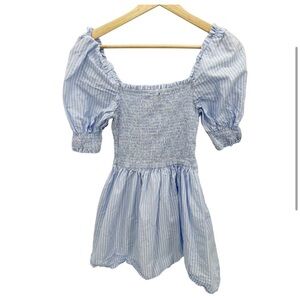 Aqua Blue White Striped Puff Sleeve Cotton Mini Dress Women's Size X-Small XS
